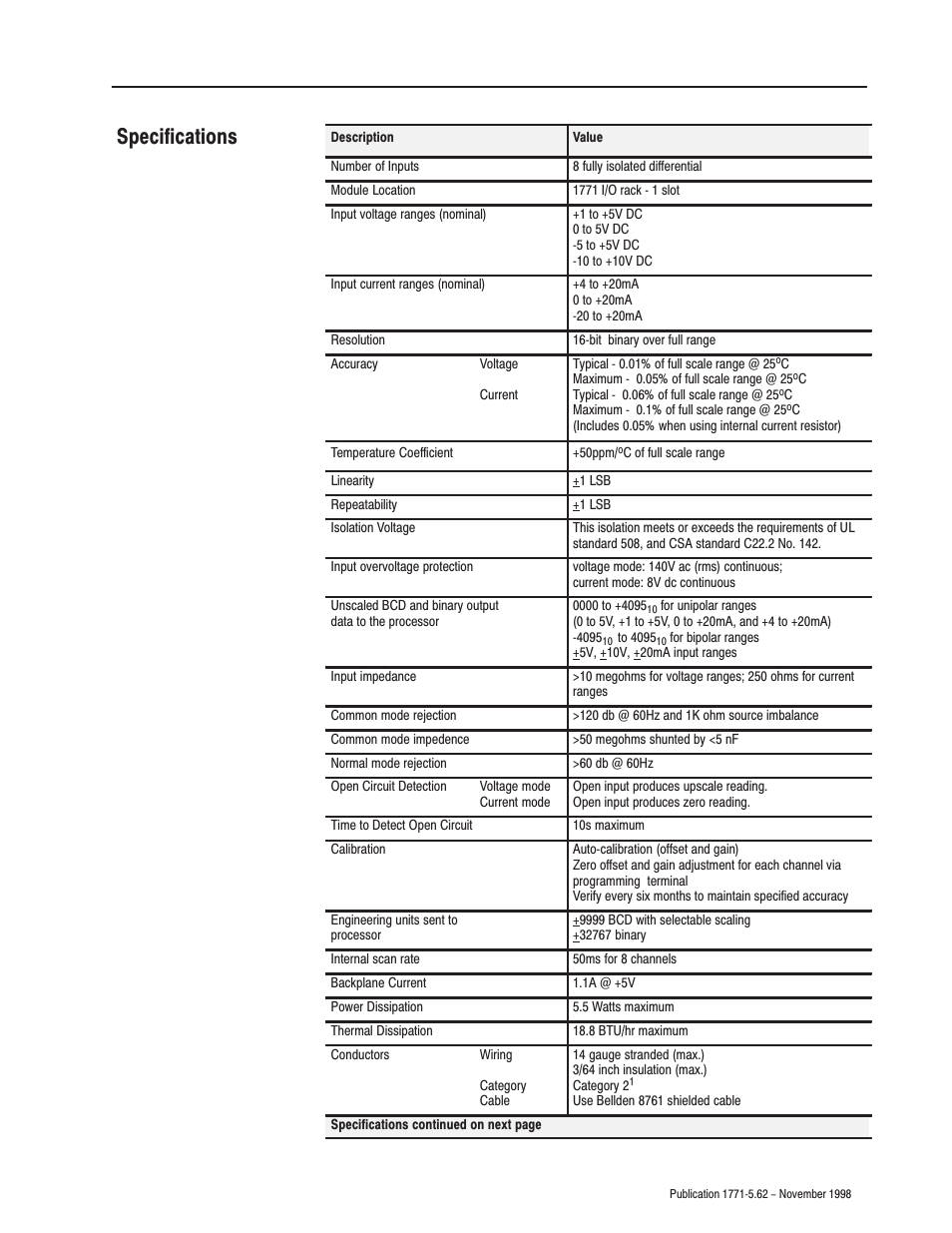 Specifications | Rockwell Automation 1771-IL Installation Instructions User Manual | Page 13 / 16
