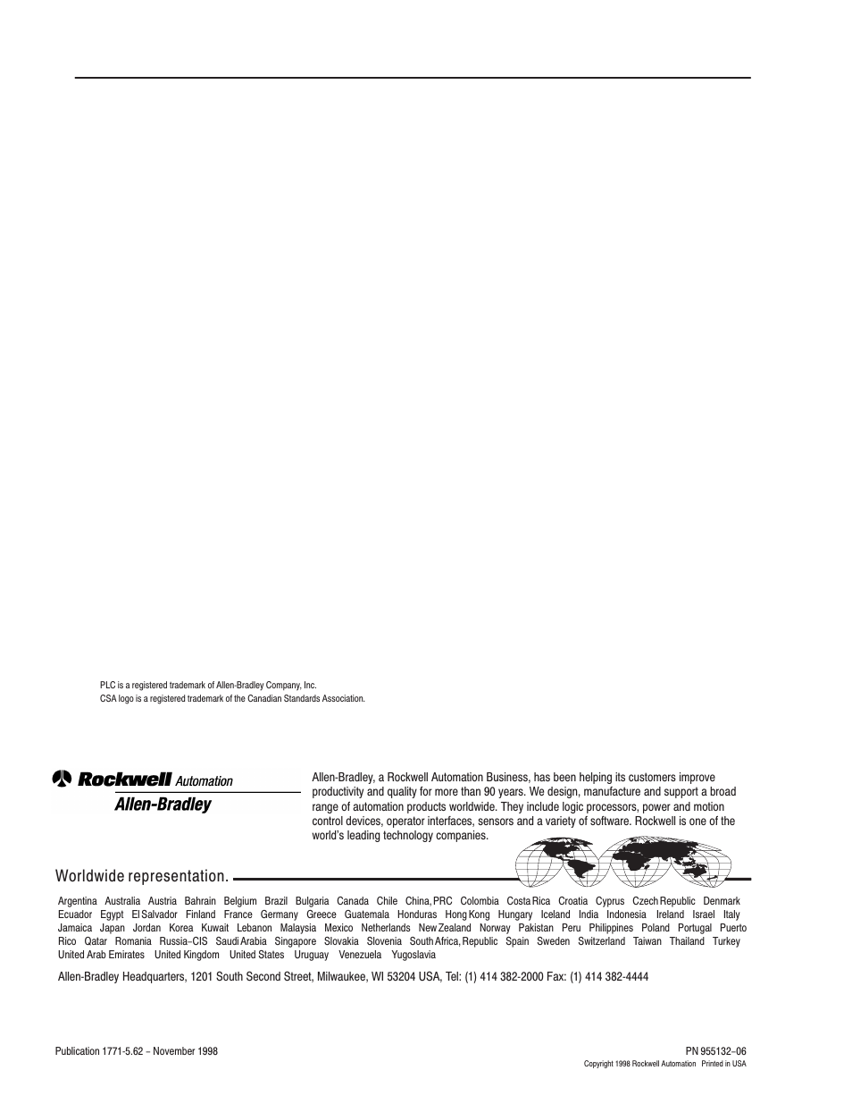 Back cover, Worldwide representation | Rockwell Automation 1771-IL Installation Instructions User Manual | Page 16 / 16