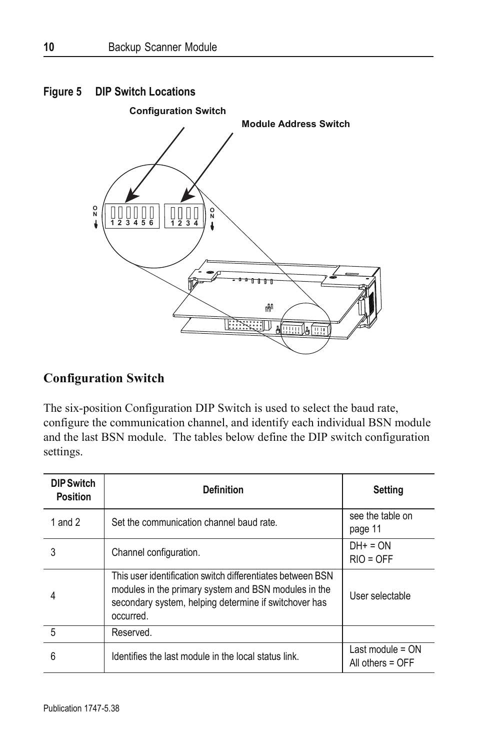 Configuration switch, 10 backup scanner module, Figure 5 dip switch locations | Rockwell Automation 1747-BSN Backup Scanner Module User Manual | Page 10 / 16