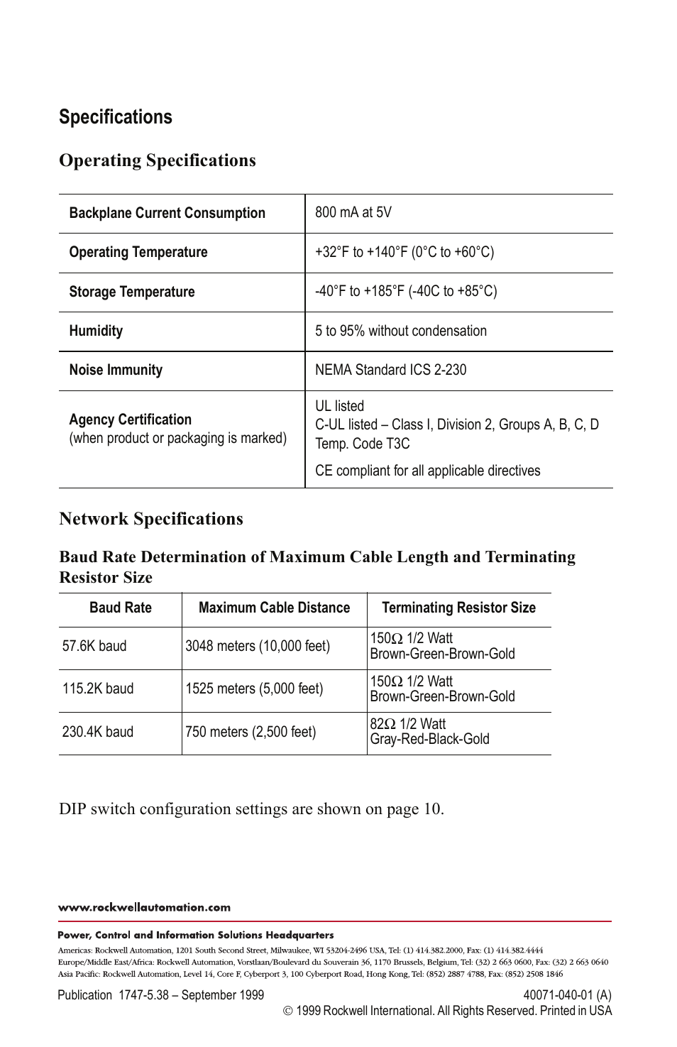 Specifications, Operating specifications network specifications | Rockwell Automation 1747-BSN Backup Scanner Module User Manual | Page 16 / 16