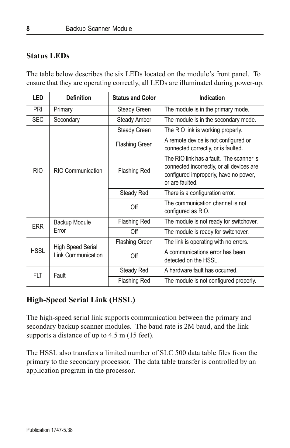 Status leds, High-speed serial link (hssl) | Rockwell Automation 1747-BSN Backup Scanner Module User Manual | Page 8 / 16