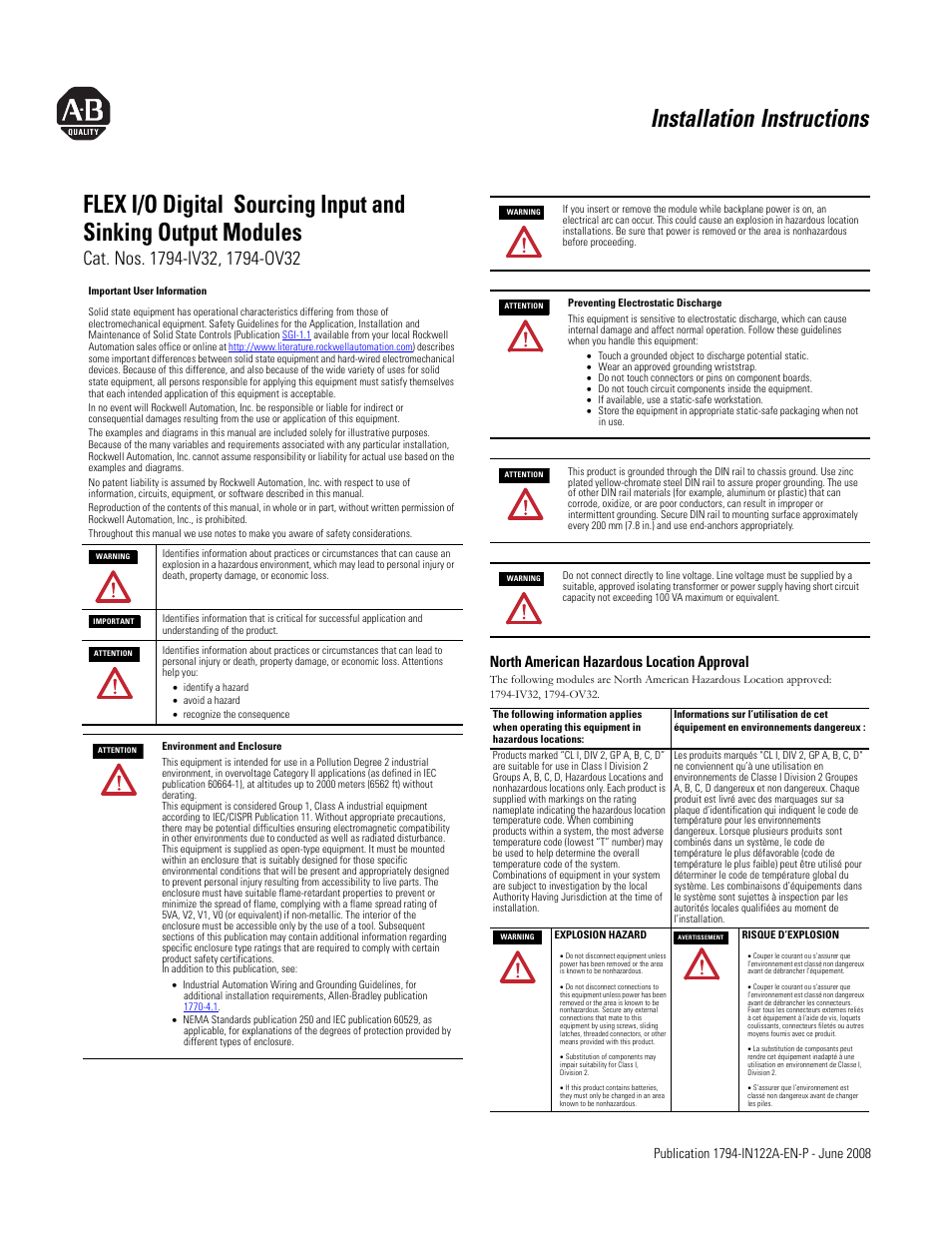 Rockwell Automation 1794-IV32_OV32 FLEX I/O Digital Sourcing Input and Sinking Output Modules User Manual | 4 pages