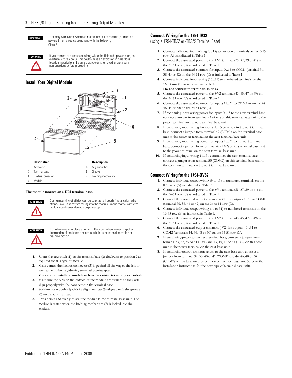 Install your digital module, Connect wiring for the 1794-ov32 | Rockwell Automation 1794-IV32_OV32 FLEX I/O Digital Sourcing Input and Sinking Output Modules User Manual | Page 2 / 4