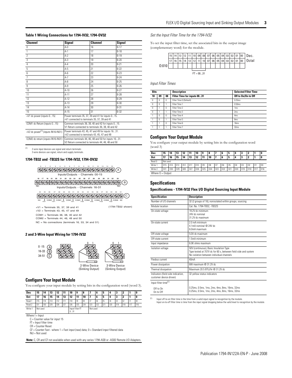 Configure your input module, Configure your output module, Specifications | Table 1, Input filter times, O:010, Octal | Rockwell Automation 1794-IV32_OV32 FLEX I/O Digital Sourcing Input and Sinking Output Modules User Manual | Page 3 / 4