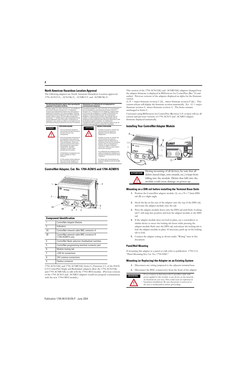 North american hazardous location approval, Installing your controlnet adapter module, Panel/wall mounting | Rockwell Automation 1794-ACN15_ACNR15 ControlNet Adapter Module Installation Instructions User Manual | Page 2 / 4