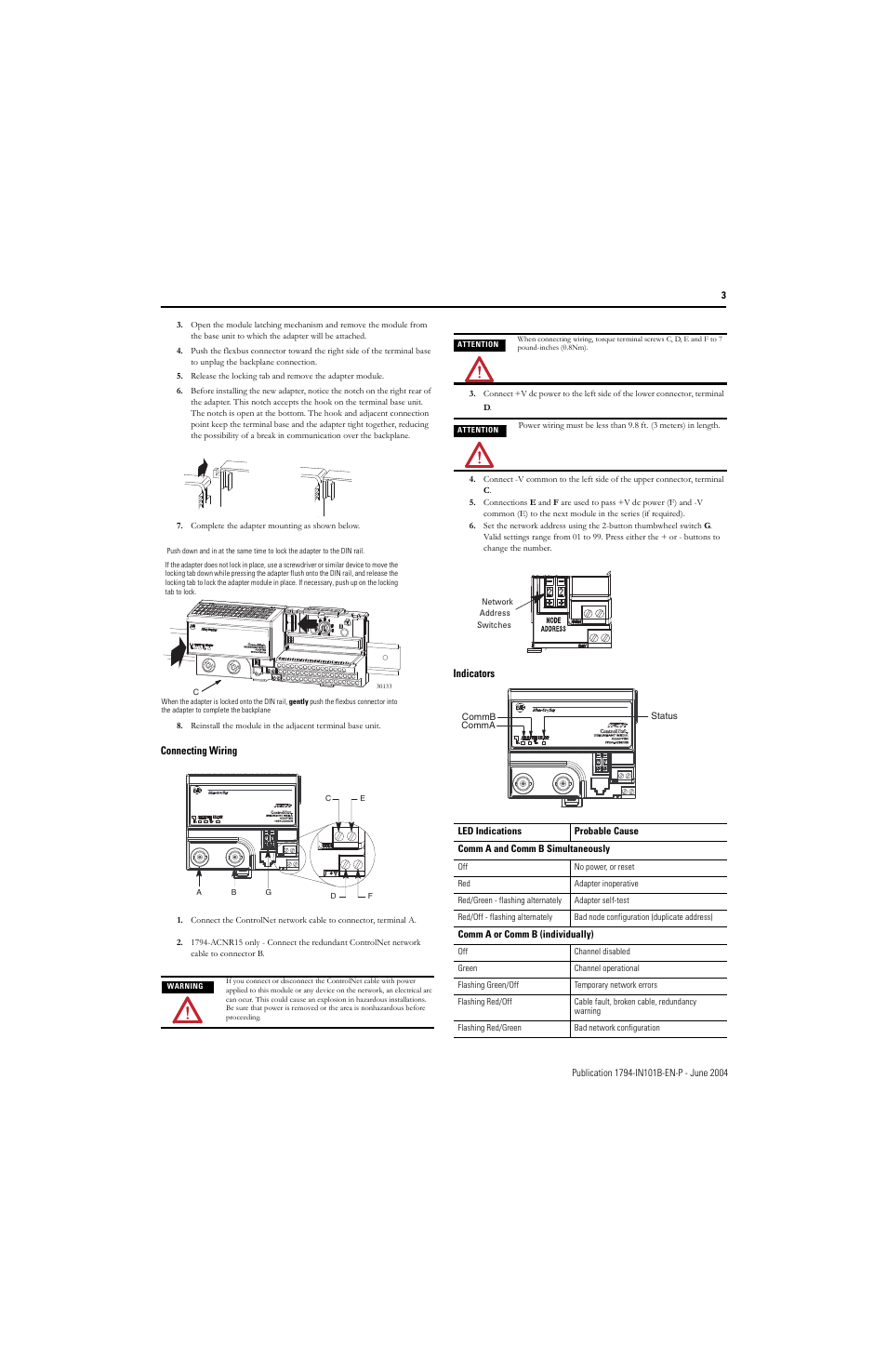Connecting wiring, Indicators | Rockwell Automation 1794-ACN15_ACNR15 ControlNet Adapter Module Installation Instructions User Manual | Page 3 / 4