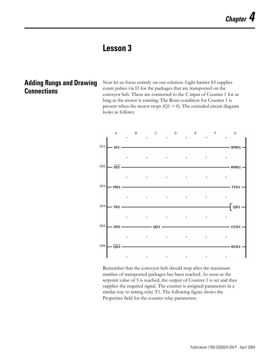 Lesson 3, Adding rungs and drawing connections, Chapter 4 | Adding rungs and drawing connections -1 | Rockwell Automation 1760 Pico GFX-70 Controllers Quick Start User Manual | Page 23 / 58