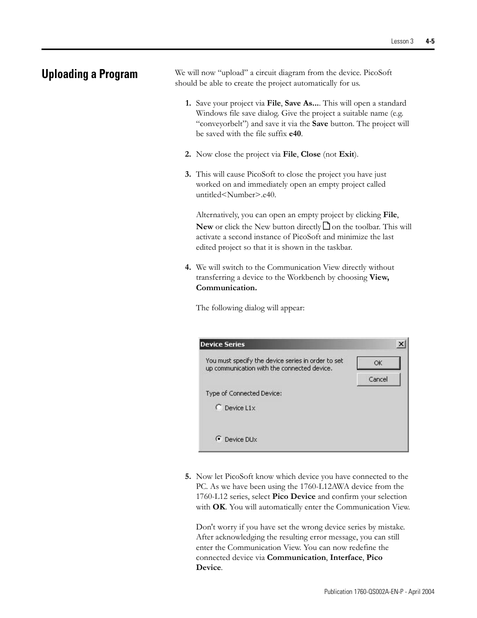 Uploading a program, Uploading a program -5 | Rockwell Automation 1760 Pico GFX-70 Controllers Quick Start User Manual | Page 27 / 58