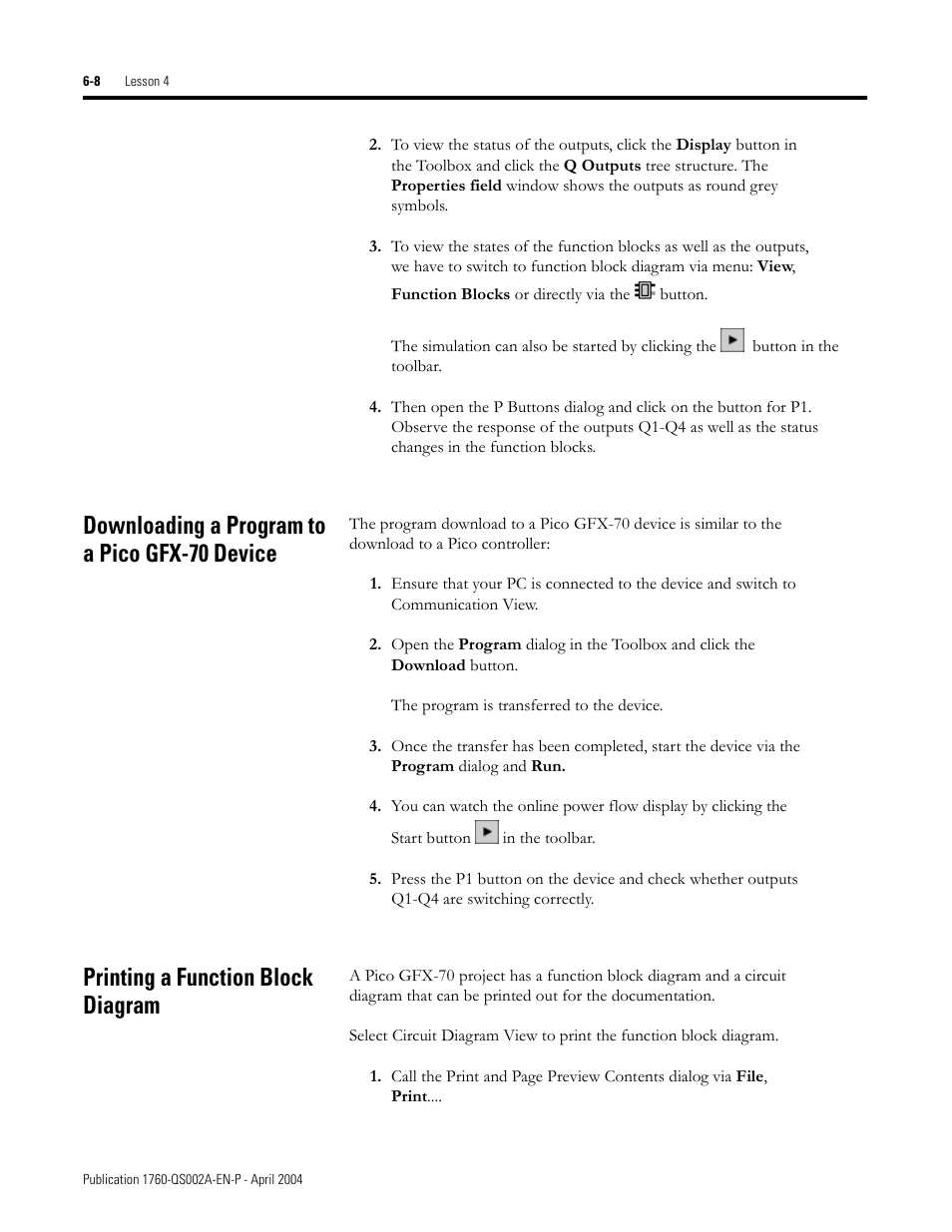 Downloading a program to a pico gfx-70 device, Printing a function block diagram | Rockwell Automation 1760 Pico GFX-70 Controllers Quick Start User Manual | Page 40 / 58