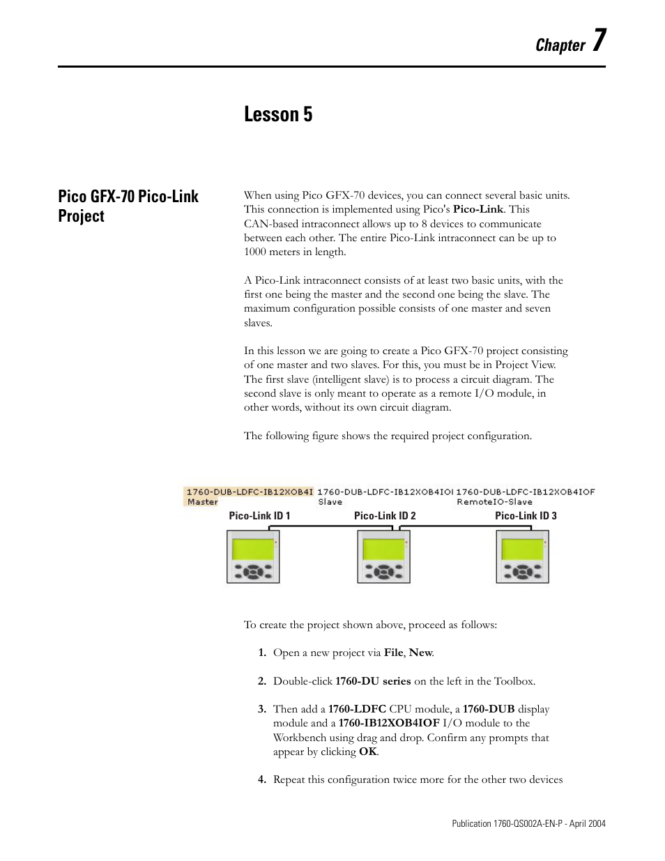 Lesson 5, Pico gfx-70 pico-link project, Chapter 7 | Pico gfx-70 pico-link project -1, Chapter | Rockwell Automation 1760 Pico GFX-70 Controllers Quick Start User Manual | Page 43 / 58