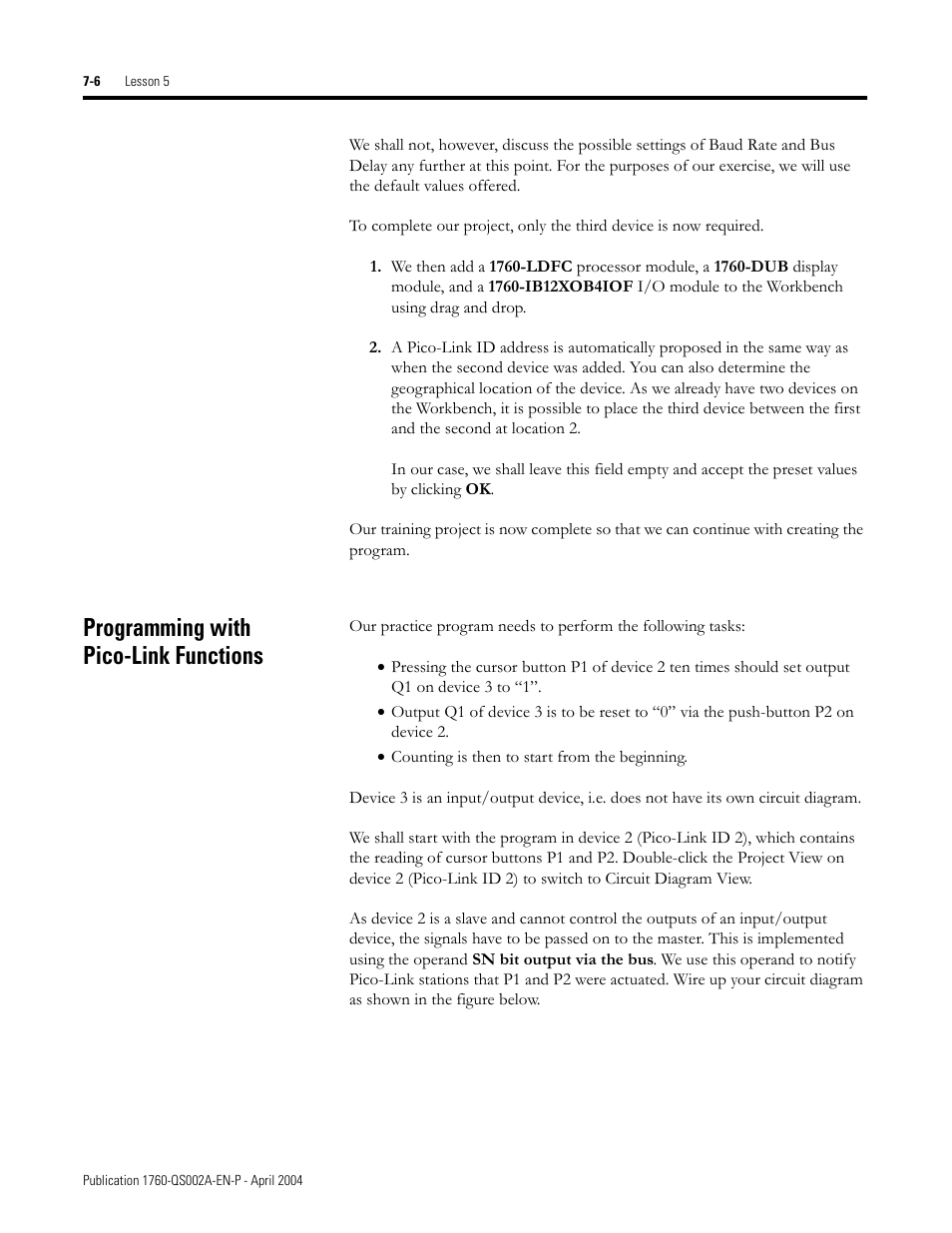 Programming with pico-link functions, Programming with pico-link functions -6 | Rockwell Automation 1760 Pico GFX-70 Controllers Quick Start User Manual | Page 48 / 58