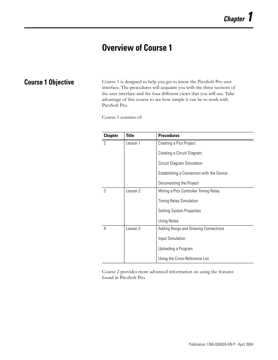 Overview of course 1, Course 1 objective, Chapter 1 | Course 1 objective -1, Chapter | Rockwell Automation 1760 Pico GFX-70 Controllers Quick Start User Manual | Page 5 / 58