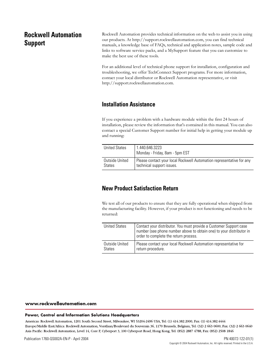 Rockwell automation support, Installation assistance, New product satisfaction return | Rockwell Automation 1760 Pico GFX-70 Controllers Quick Start User Manual | Page 58 / 58
