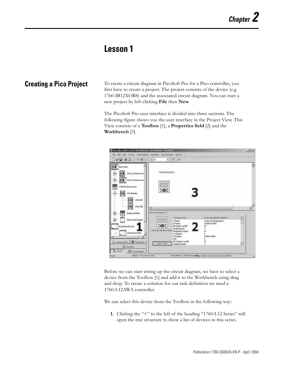 Lesson 1, Creating a pico project, Chapter 2 | Creating a pico project -1 | Rockwell Automation 1760 Pico GFX-70 Controllers Quick Start User Manual | Page 9 / 58