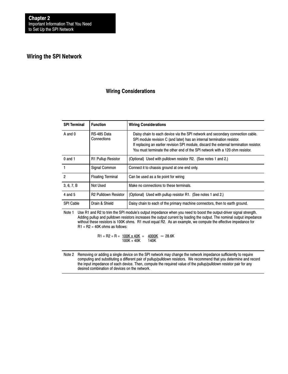 Wiring the spi network, Chapter 2, Wiring considerations | Rockwell Automation 1771-SPI,D17716.5.122 SPI PROTOCOL INTERFACE User Manual | Page 20 / 62