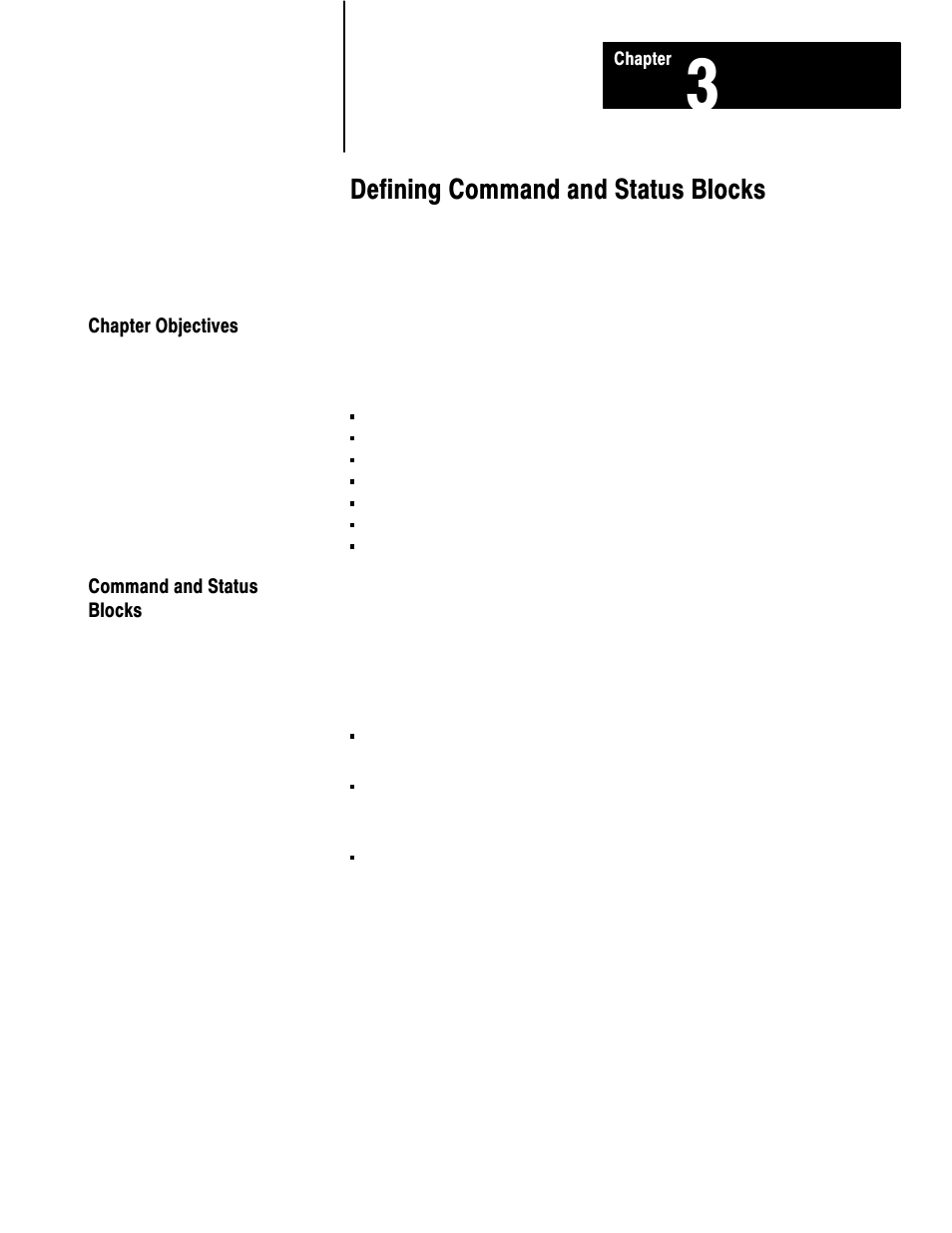 3 - defining command and status blocks, Chapter objectives, Command and status blocks | Defining command and status blocks | Rockwell Automation 1771-SPI,D17716.5.122 SPI PROTOCOL INTERFACE User Manual | Page 23 / 62