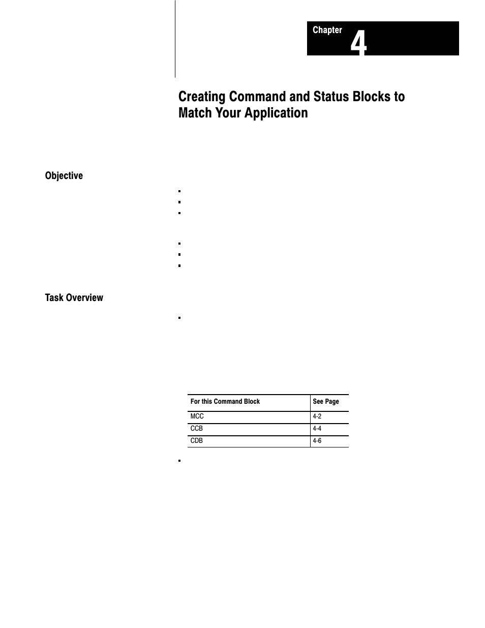 4 - creating command and status blocks to, Objective, Task overview | Rockwell Automation 1771-SPI,D17716.5.122 SPI PROTOCOL INTERFACE User Manual | Page 37 / 62