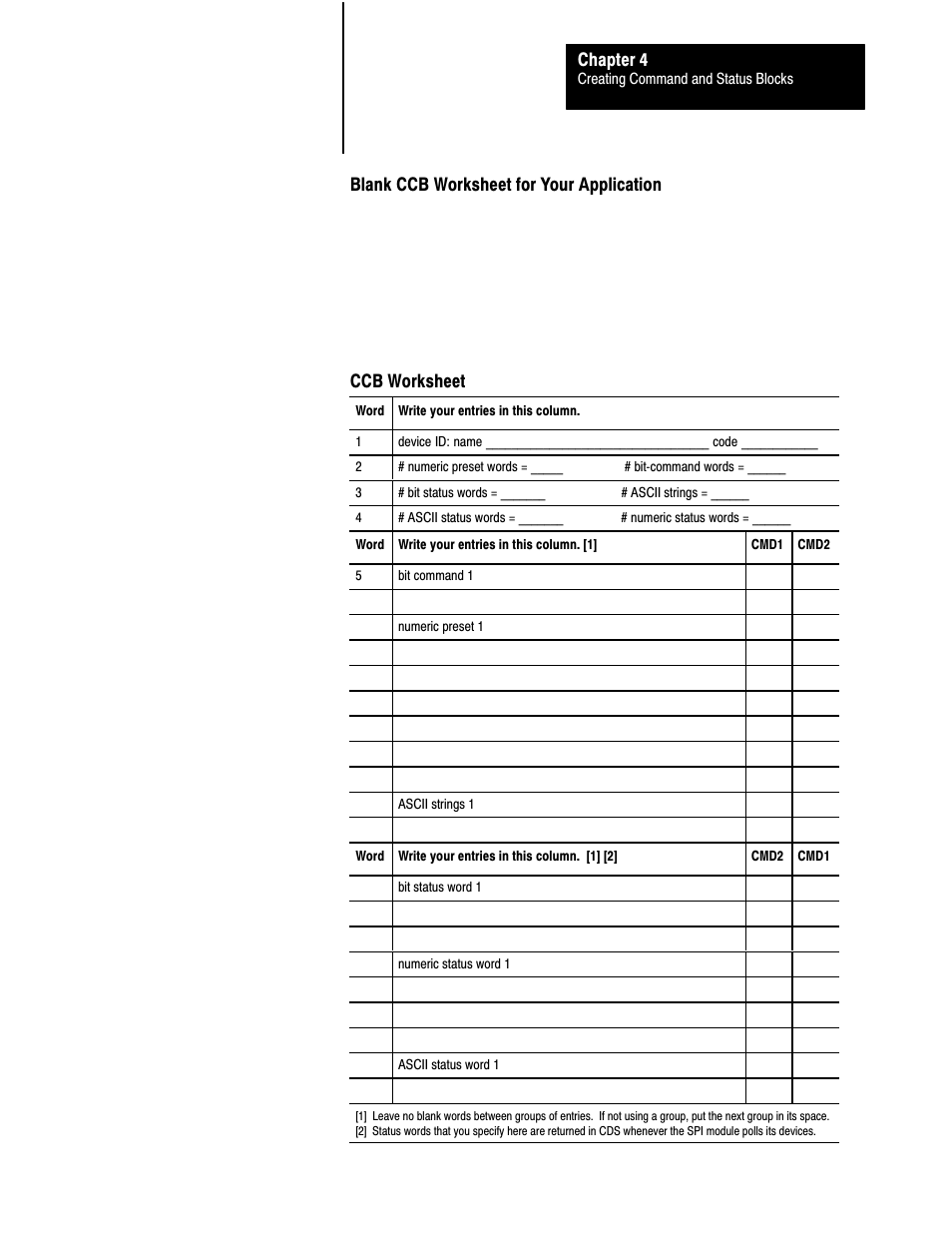 Chapter 4, Blank ccb worksheet for your application, Ccb worksheet | Rockwell Automation 1771-SPI,D17716.5.122 SPI PROTOCOL INTERFACE User Manual | Page 41 / 62