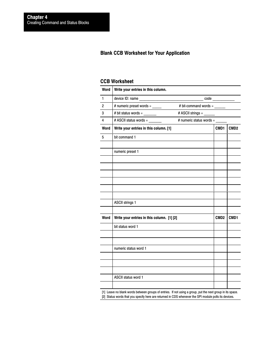 Chapter 4, Blank ccb worksheet for your application, Ccb worksheet | Rockwell Automation 1771-SPI,D17716.5.122 SPI PROTOCOL INTERFACE User Manual | Page 42 / 62