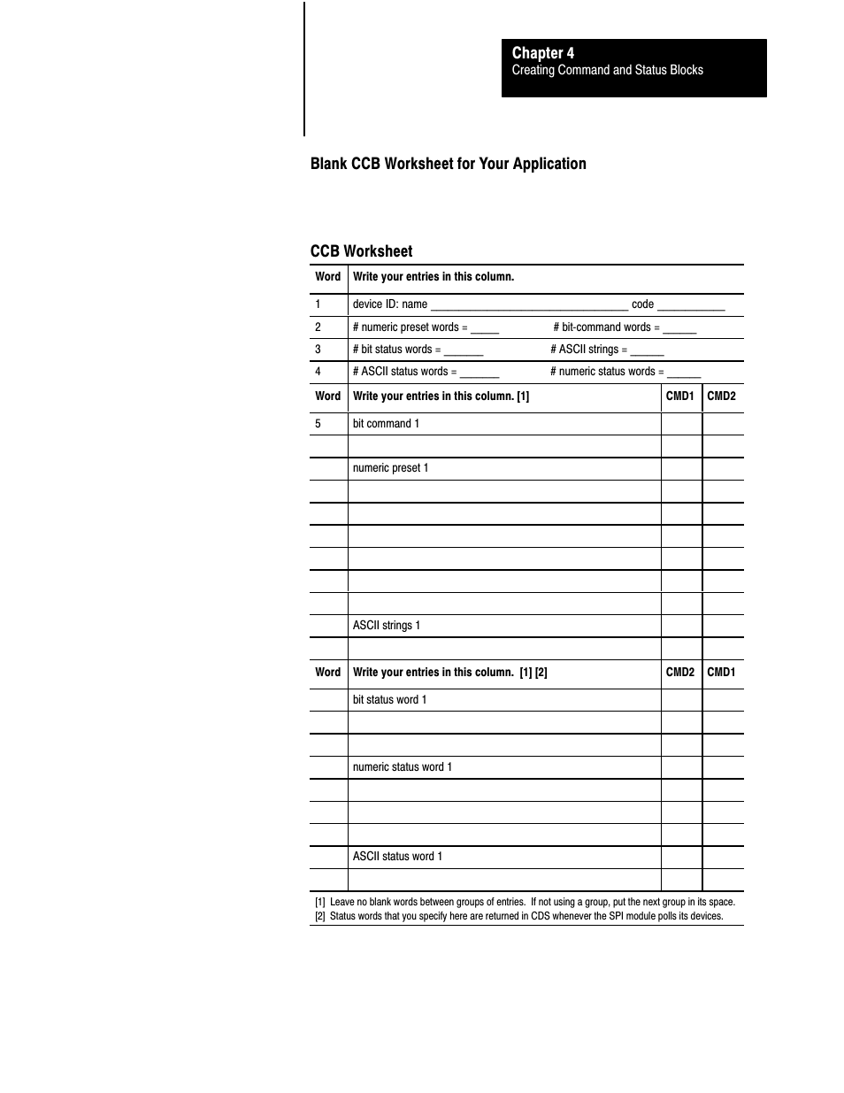 Chapter 4, Blank ccb worksheet for your application, Ccb worksheet | Rockwell Automation 1771-SPI,D17716.5.122 SPI PROTOCOL INTERFACE User Manual | Page 43 / 62