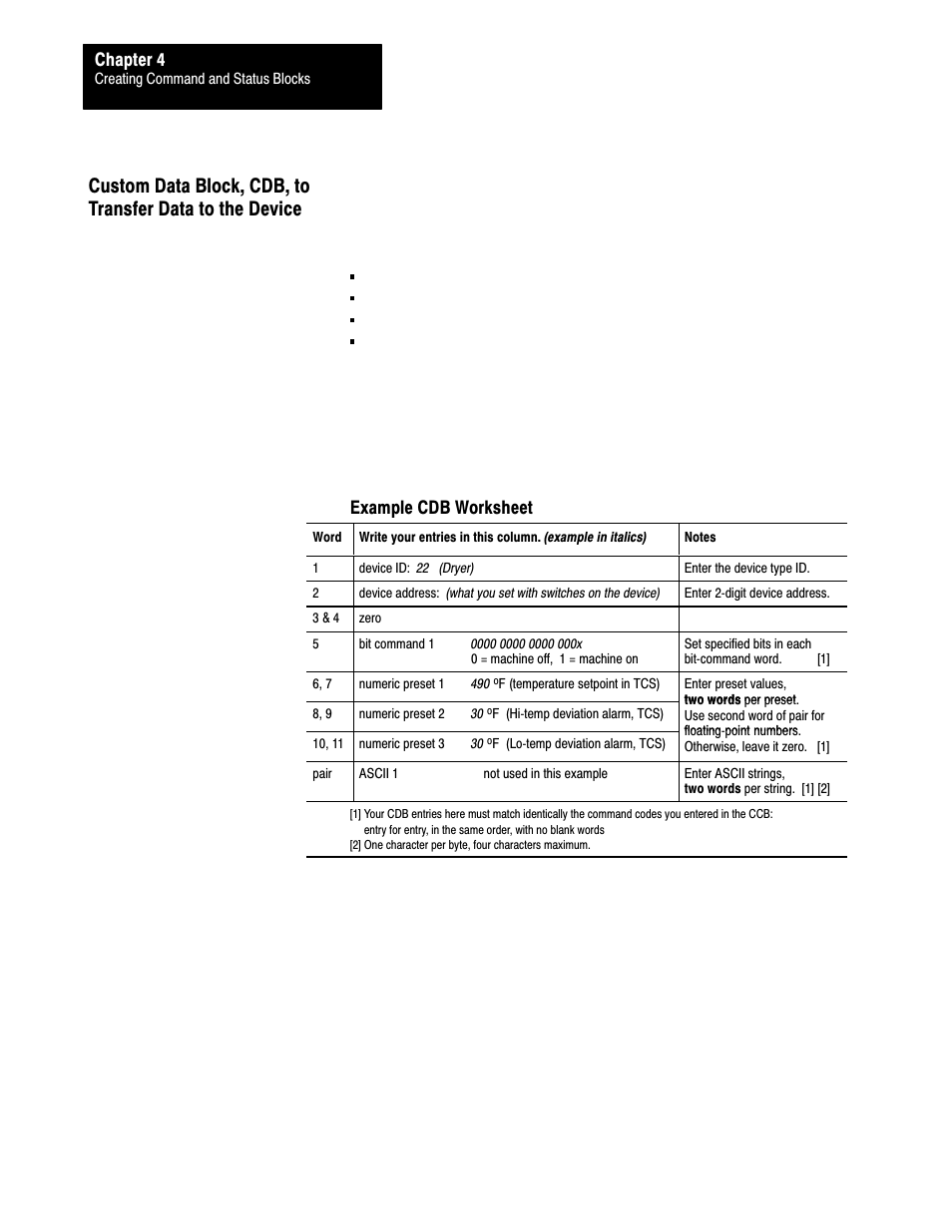 Chapter 4, Example cdb worksheet | Rockwell Automation 1771-SPI,D17716.5.122 SPI PROTOCOL INTERFACE User Manual | Page 44 / 62