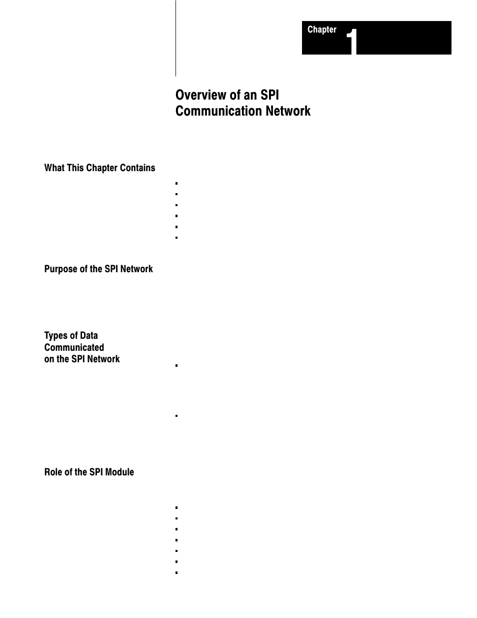 1 - overview of an spi, What this chapter contains, Purpose of the spi network | Types of data communicated on the spi network, Overview of an spi communication network | Rockwell Automation 1771-SPI,D17716.5.122 SPI PROTOCOL INTERFACE User Manual | Page 7 / 62