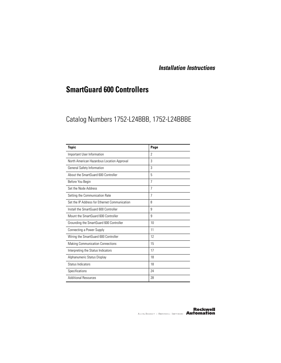 Rockwell Automation 1752-L24BBBE SmartGuard 600 Controllers Installation User Manual | 28 pages