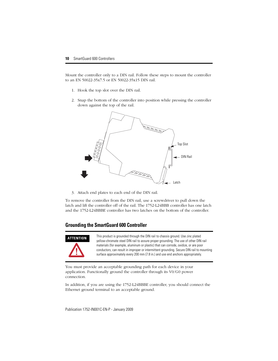 Grounding the smartguard 600 controller | Rockwell Automation 1752-L24BBBE SmartGuard 600 Controllers Installation User Manual | Page 10 / 28
