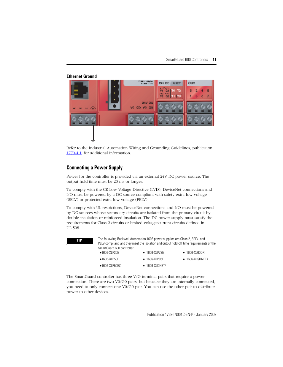 Connecting a power supply | Rockwell Automation 1752-L24BBBE SmartGuard 600 Controllers Installation User Manual | Page 11 / 28