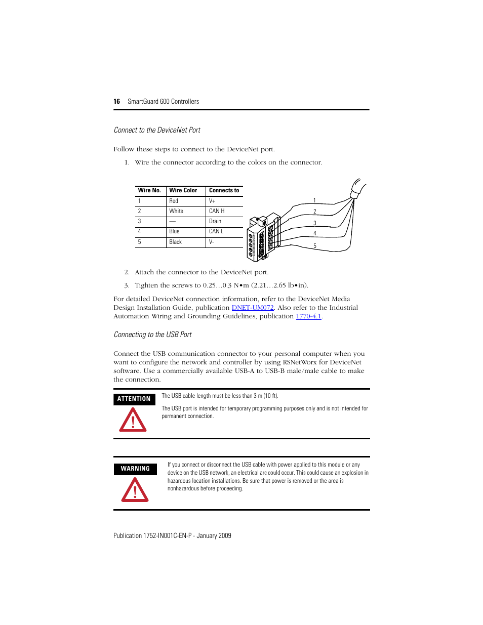 Connect to the devicenet port, Connecting to the usb port | Rockwell Automation 1752-L24BBBE SmartGuard 600 Controllers Installation User Manual | Page 16 / 28