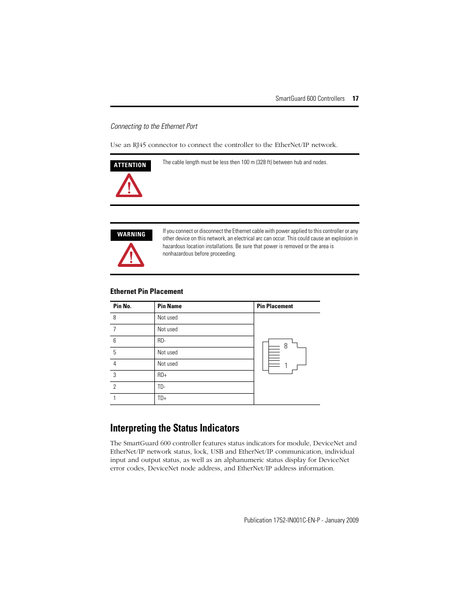Connecting to the ethernet port, Interpreting the status indicators | Rockwell Automation 1752-L24BBBE SmartGuard 600 Controllers Installation User Manual | Page 17 / 28
