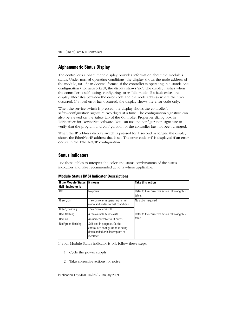 Alphanumeric status display, Status indicators | Rockwell Automation 1752-L24BBBE SmartGuard 600 Controllers Installation User Manual | Page 18 / 28