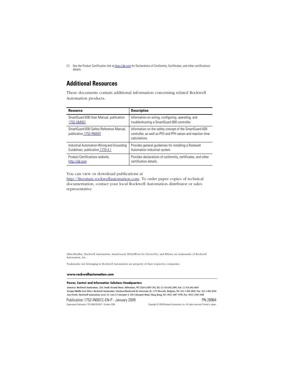 Additional resources, Back cover | Rockwell Automation 1752-L24BBBE SmartGuard 600 Controllers Installation User Manual | Page 28 / 28