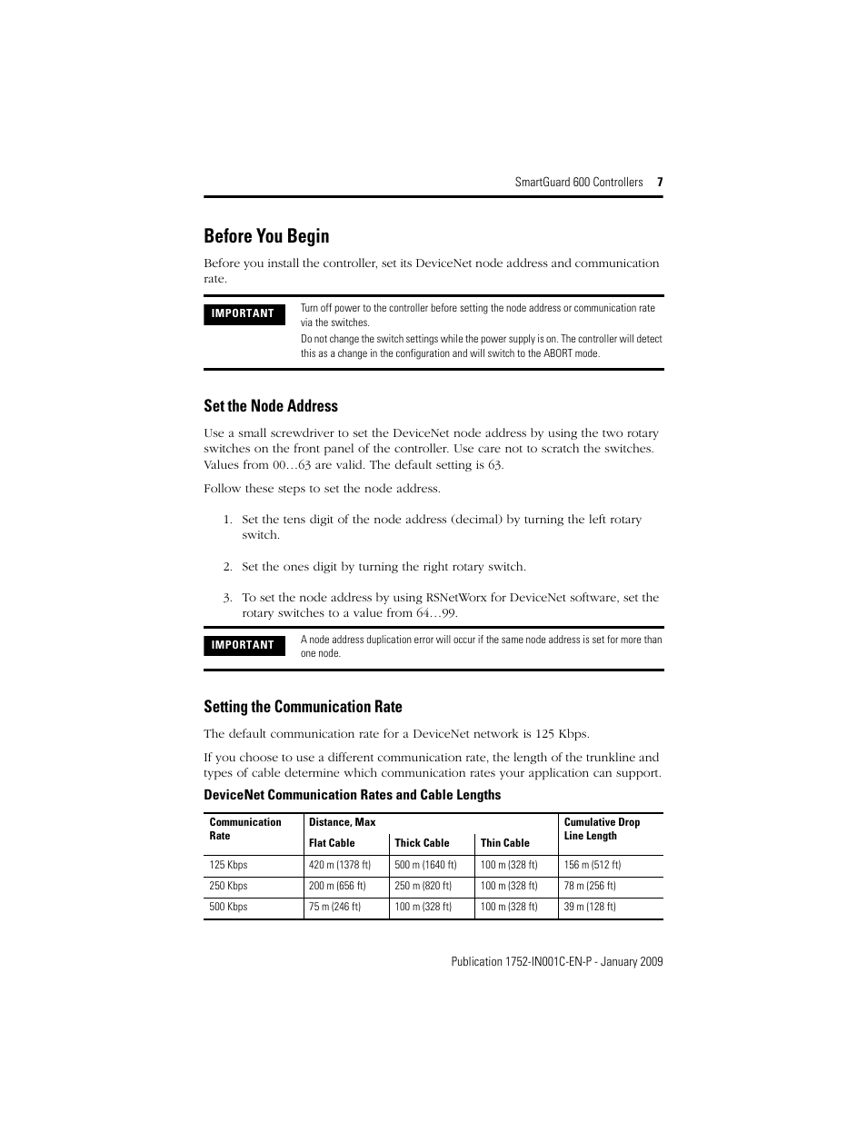 Before you begin, Set the node address, Setting the communication rate | Rockwell Automation 1752-L24BBBE SmartGuard 600 Controllers Installation User Manual | Page 7 / 28