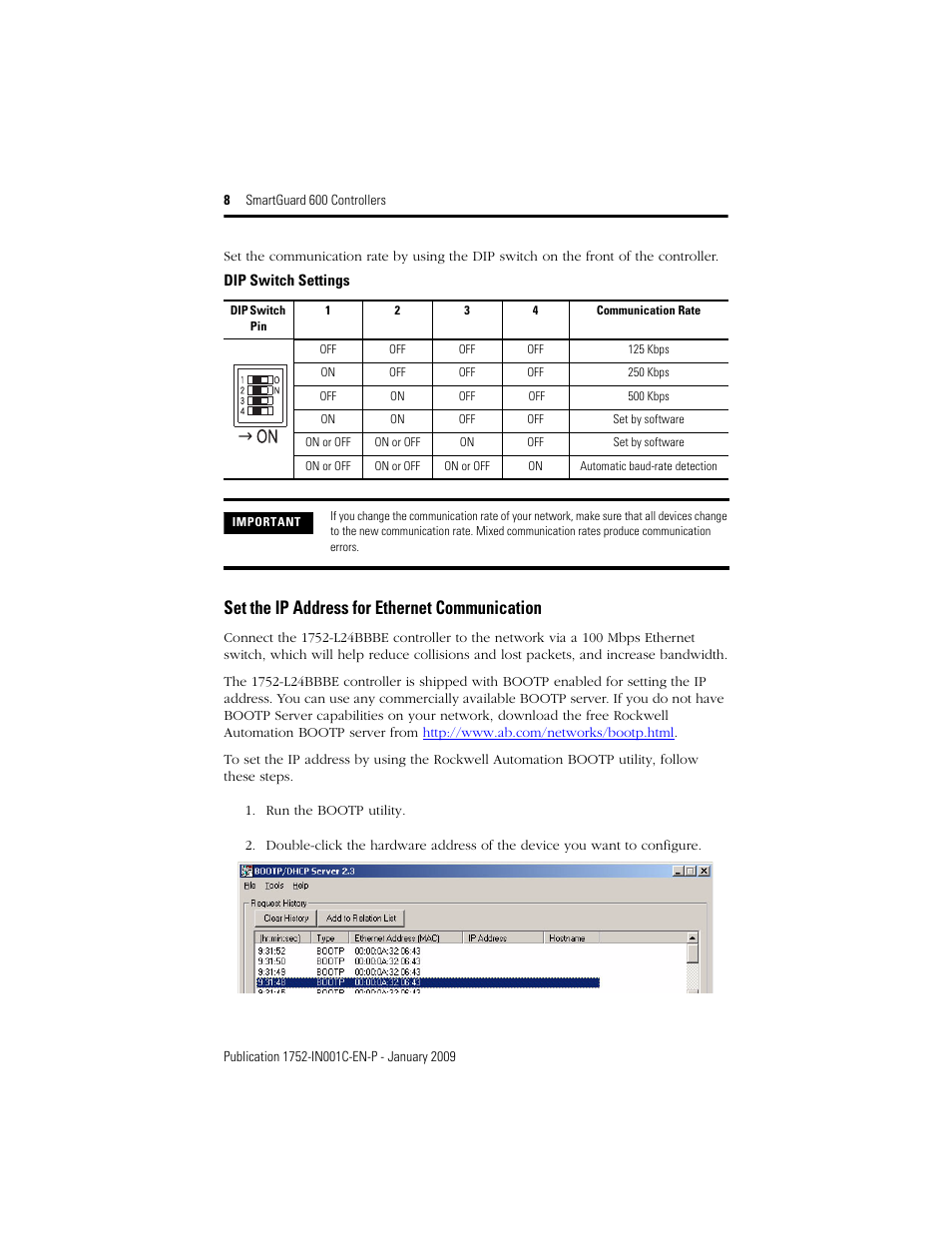 Set the ip address for ethernet communication | Rockwell Automation 1752-L24BBBE SmartGuard 600 Controllers Installation User Manual | Page 8 / 28
