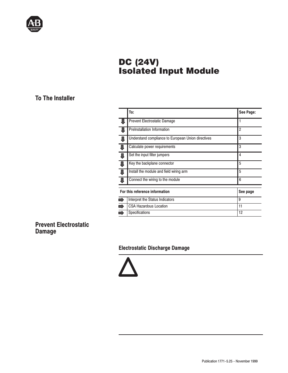 Rockwell Automation 1771-IQ16 DC (24V) Isolated Input Module Installation Instructions User Manual | 12 pages