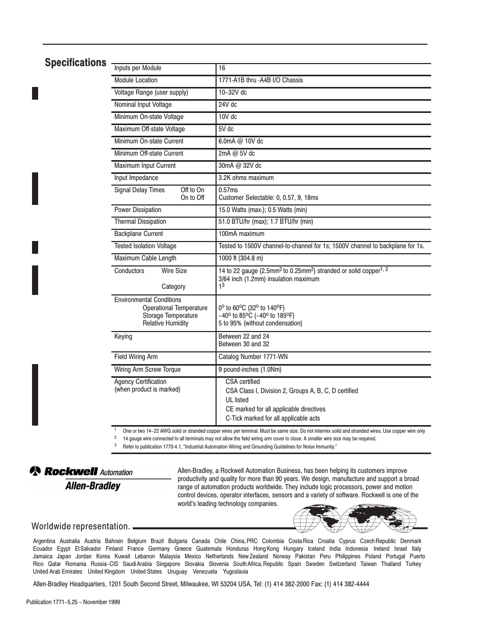 Specifications, Back cover, Worldwide representation | Rockwell Automation 1771-IQ16 DC (24V) Isolated Input Module Installation Instructions User Manual | Page 12 / 12