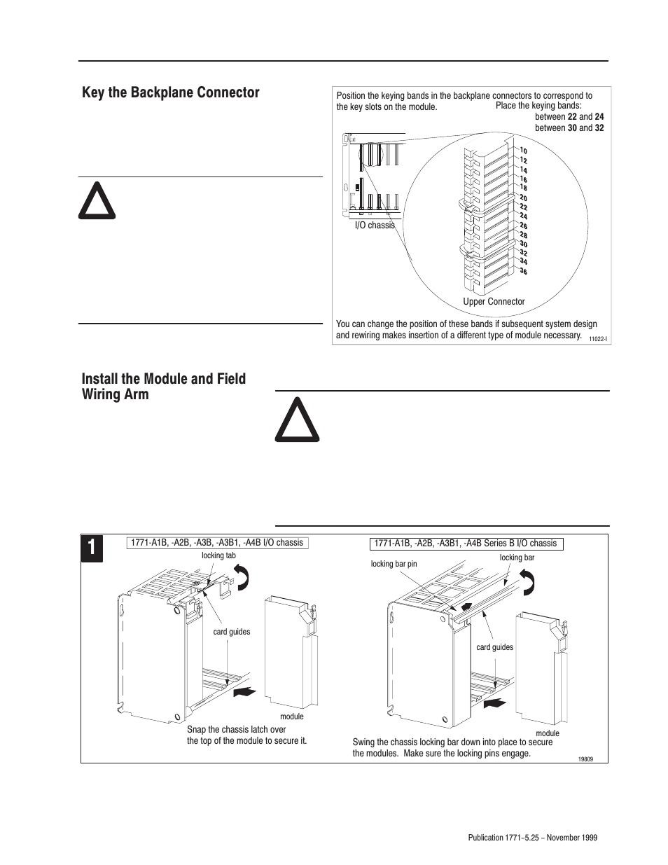Key the backplane connector, Install the module and field wiring arm, Keythe backplane connector | Rockwell Automation 1771-IQ16 DC (24V) Isolated Input Module Installation Instructions User Manual | Page 5 / 12