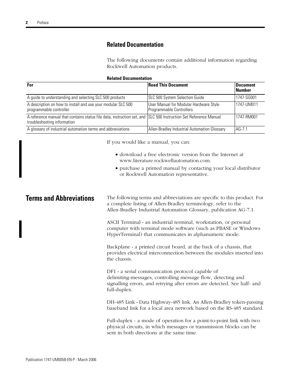 Related documentation, Terms and abbreviations | Rockwell Automation 1747-KE,D17476.12 DH-485/RS-232C Interface Module User Manual | Page 10 / 139