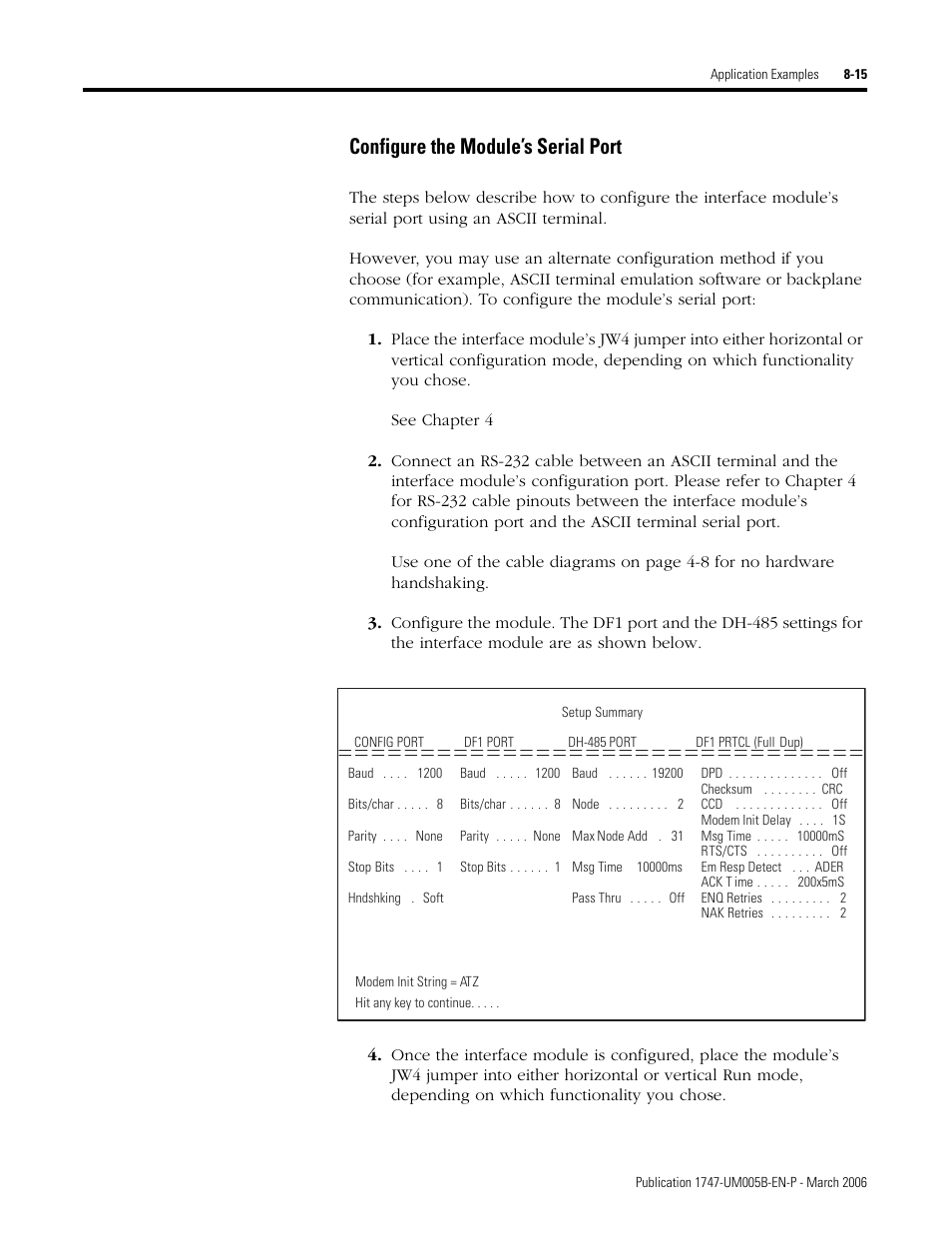 Configure the module’s serial port -15, Configure the module’s serial port | Rockwell Automation 1747-KE,D17476.12 DH-485/RS-232C Interface Module User Manual | Page 103 / 139
