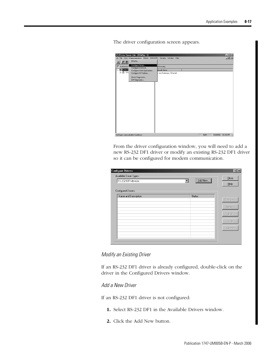 Modify an existing driver, Add a new driver | Rockwell Automation 1747-KE,D17476.12 DH-485/RS-232C Interface Module User Manual | Page 105 / 139