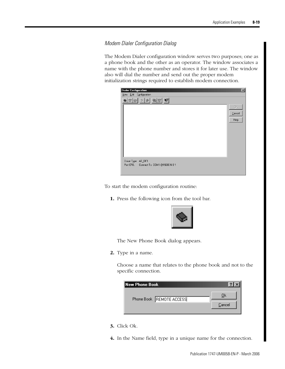 Modem dialer configuration dialog | Rockwell Automation 1747-KE,D17476.12 DH-485/RS-232C Interface Module User Manual | Page 107 / 139