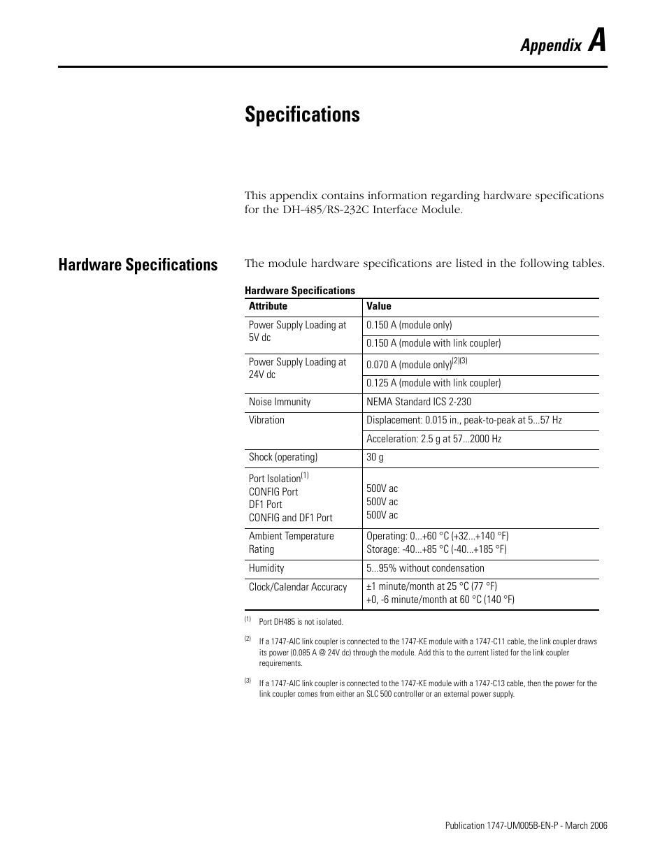 A - specifications, Specifications, Hardware specifications | Appendix a, Appendix | Rockwell Automation 1747-KE,D17476.12 DH-485/RS-232C Interface Module User Manual | Page 117 / 139