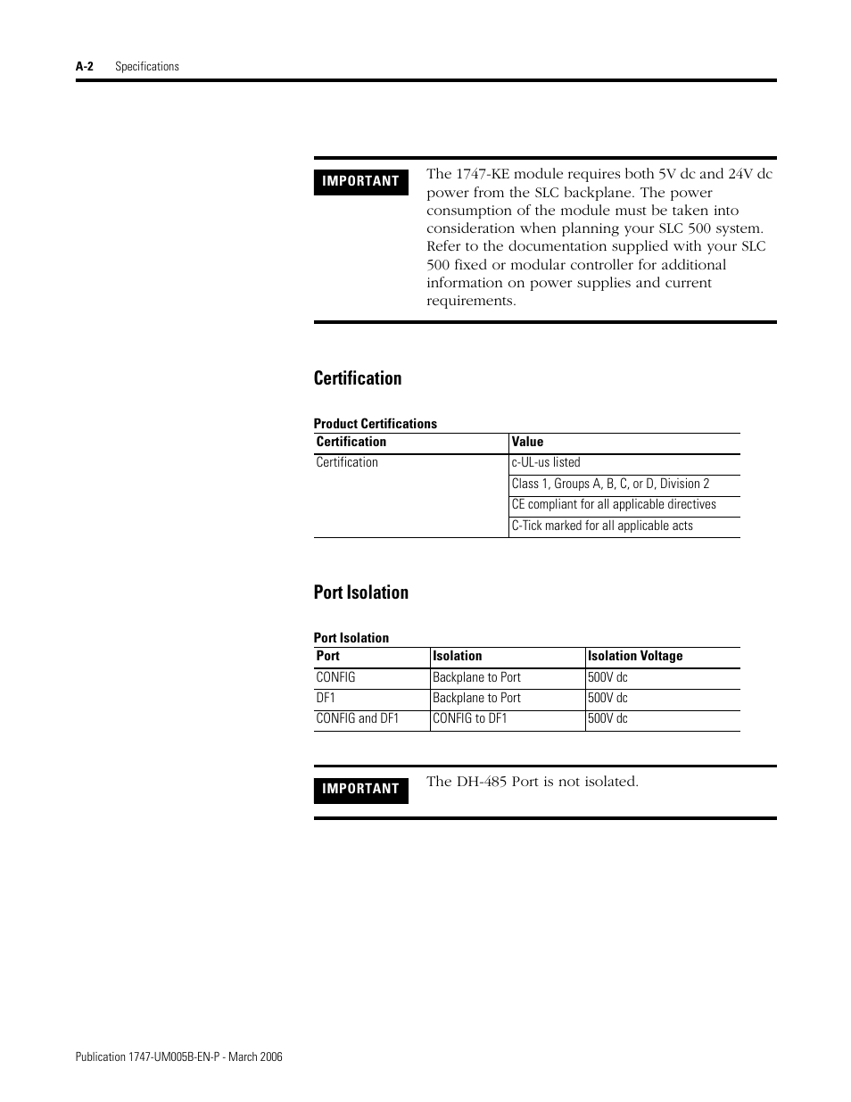 Product certifications, Port isolation, Certification | Rockwell Automation 1747-KE,D17476.12 DH-485/RS-232C Interface Module User Manual | Page 118 / 139