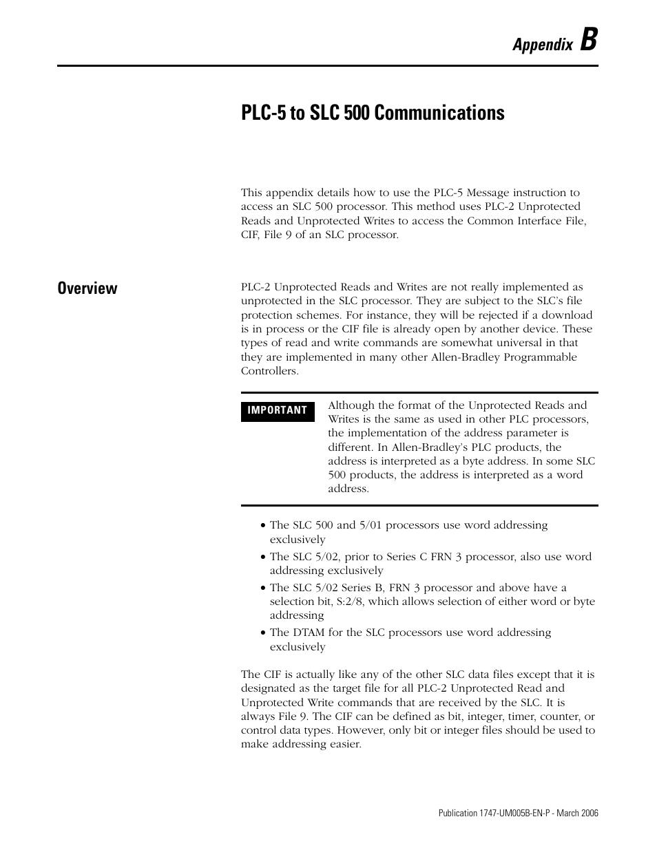 B - plc-5 to slc 500 communications, Plc-5 to slc 500 communications, Overview | Appendix b, Appendix | Rockwell Automation 1747-KE,D17476.12 DH-485/RS-232C Interface Module User Manual | Page 121 / 139