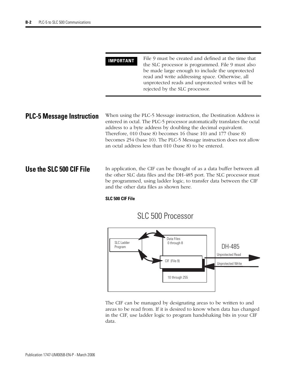 Plc-5 message instruction, Use the slc 500 cif file, Slc 500 cif file | Slc 500 processor, Dh-485 | Rockwell Automation 1747-KE,D17476.12 DH-485/RS-232C Interface Module User Manual | Page 122 / 139