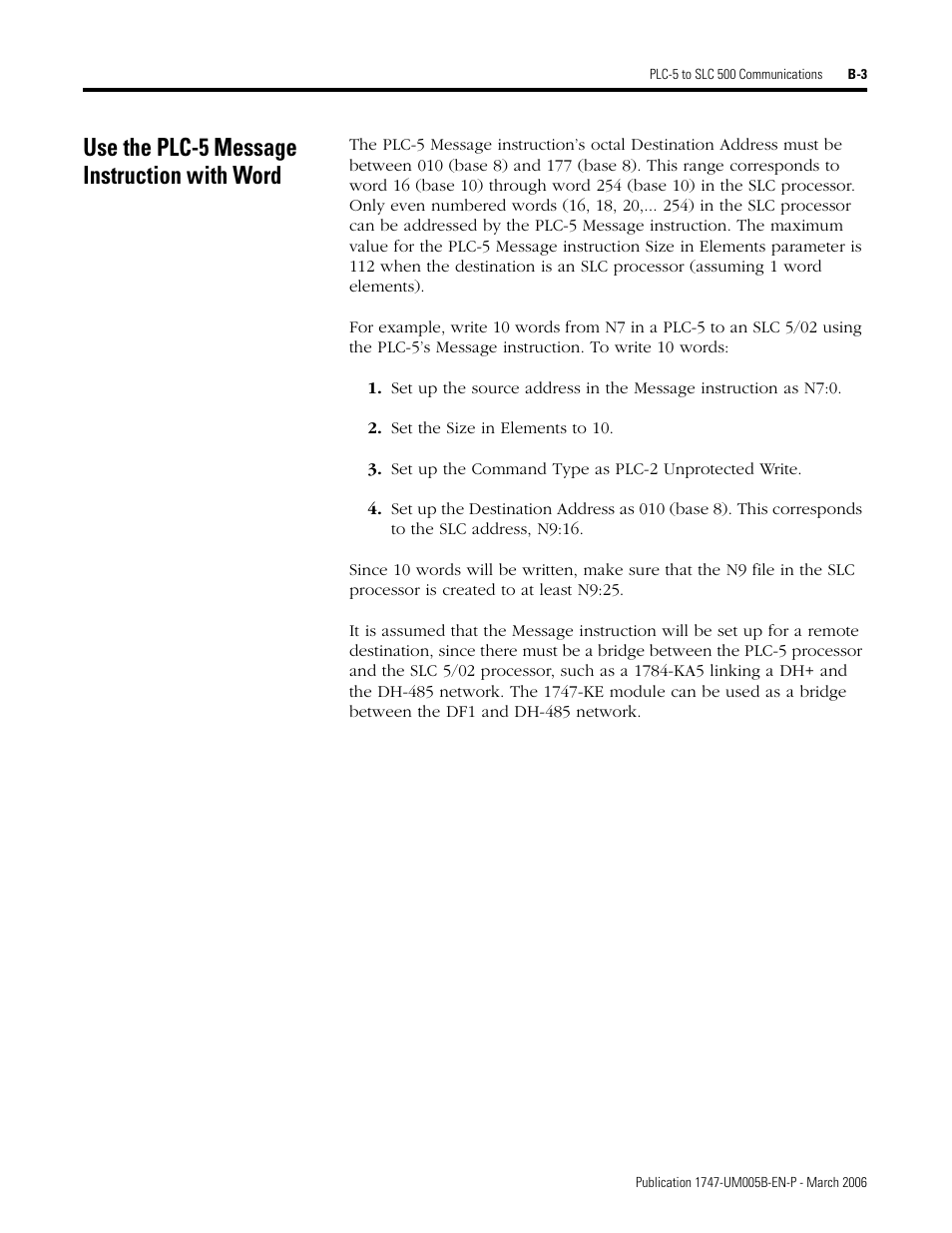 Use the plc-5 message instruction with word | Rockwell Automation 1747-KE,D17476.12 DH-485/RS-232C Interface Module User Manual | Page 123 / 139