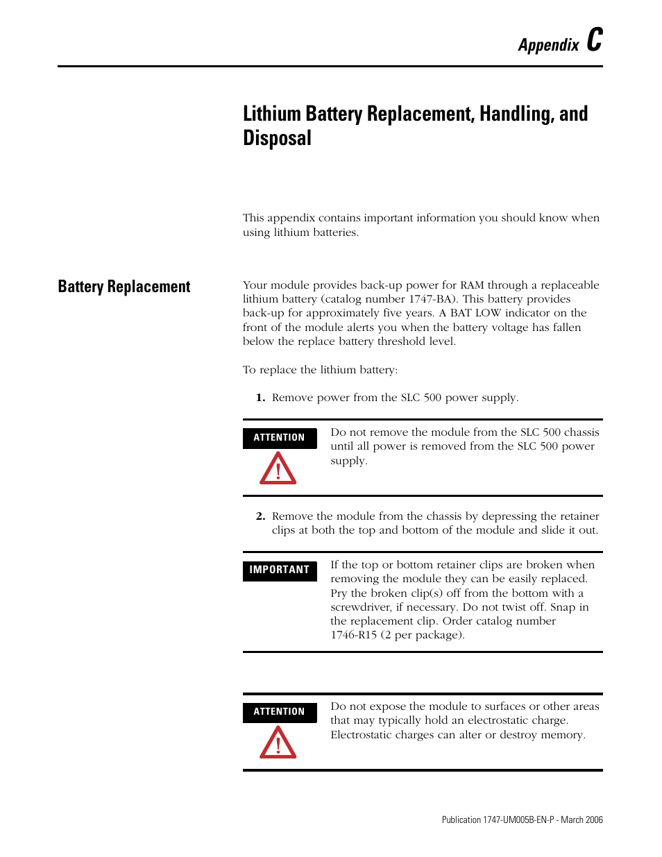 Battery replacement, Appendix c, Appendix | Rockwell Automation 1747-KE,D17476.12 DH-485/RS-232C Interface Module User Manual | Page 125 / 139