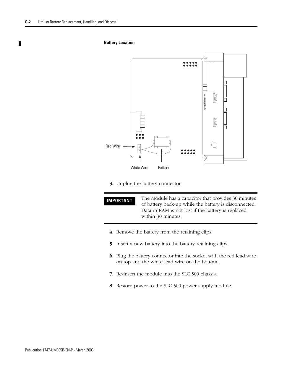 Battery location, Important | Rockwell Automation 1747-KE,D17476.12 DH-485/RS-232C Interface Module User Manual | Page 126 / 139