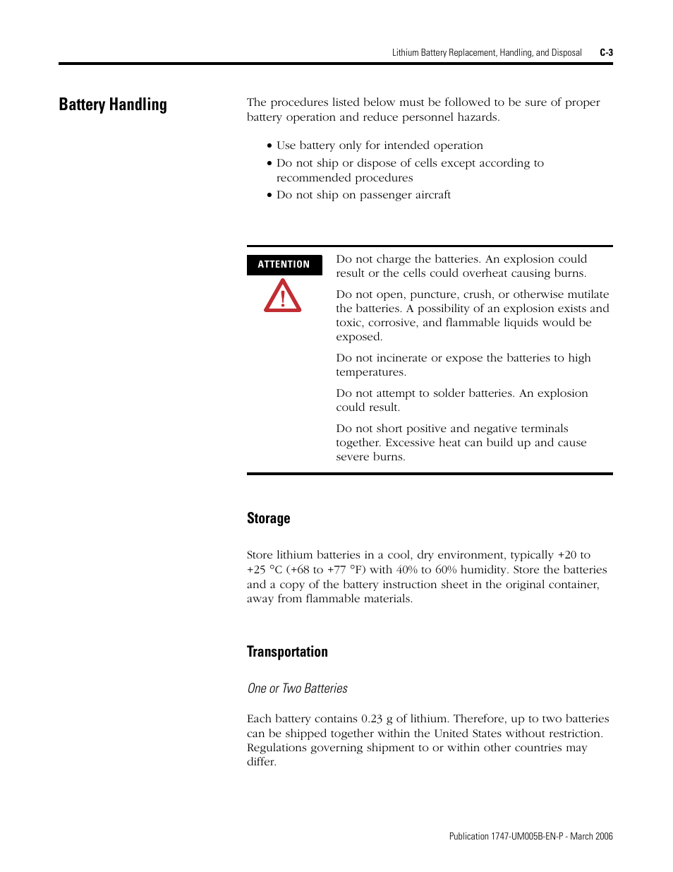 Battery handling, One or two batteries, Storage | Transportation | Rockwell Automation 1747-KE,D17476.12 DH-485/RS-232C Interface Module User Manual | Page 127 / 139
